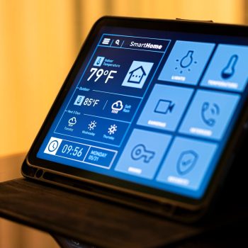 Smart Home Control Tablet in Modern Living Room at Night